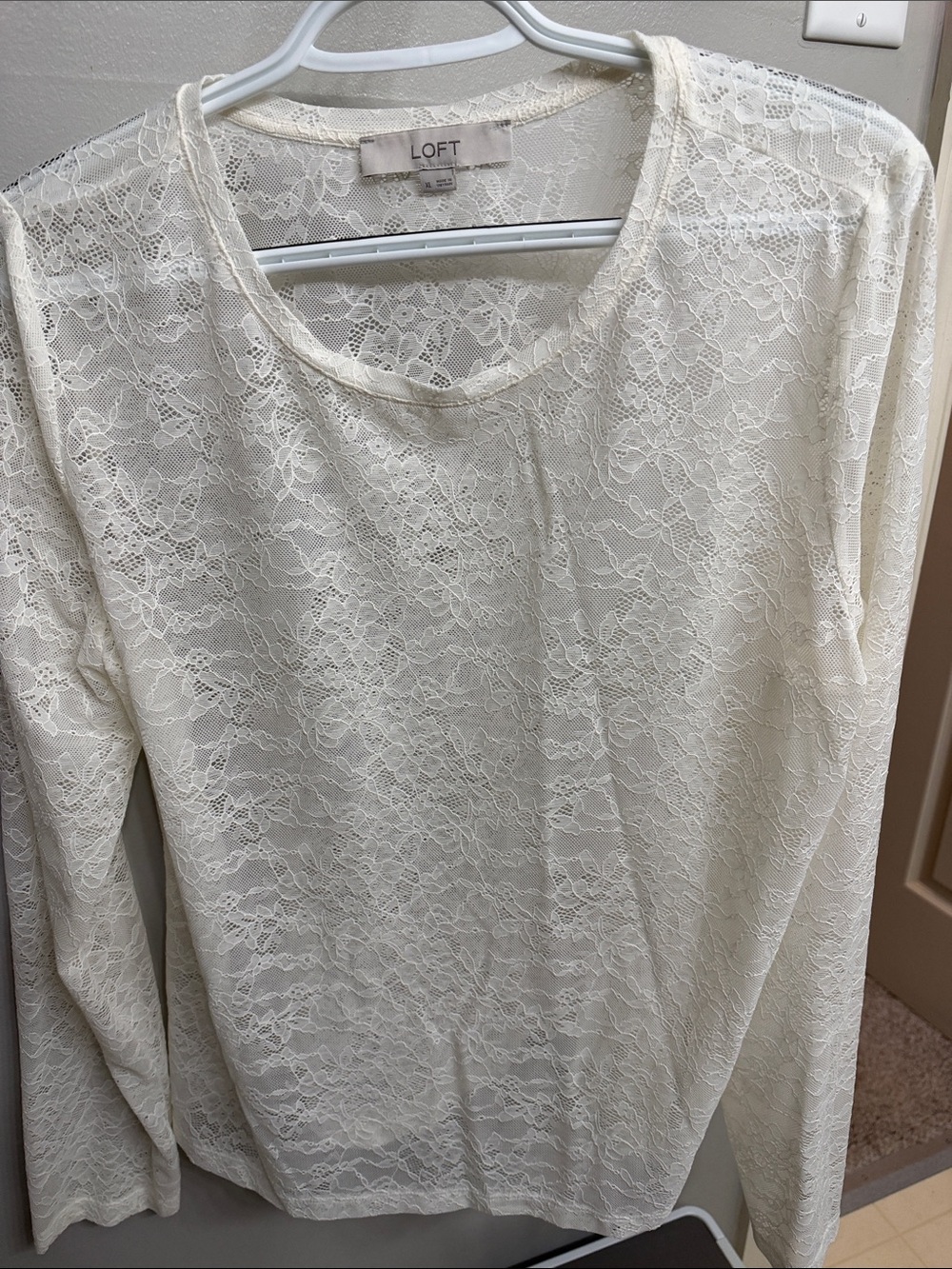 LOFT Ivory Lace Long Sleeve Tee - Sheer Floral Overlay